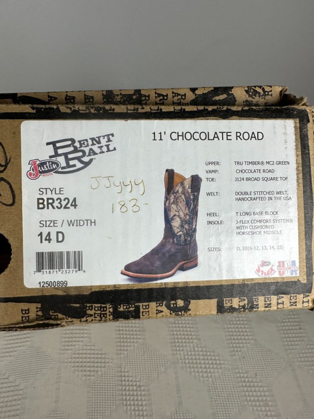 Justin Bent Rail 11" Chocolate Road Western Boots 14D Camo Leather Square Toe - Picture 8 of 8
